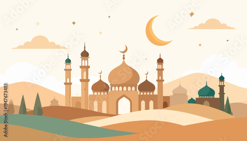 A beautiful illustration of a mosque complex with minarets and domes under a crescent moon and stars, set in a warm desert landscape.