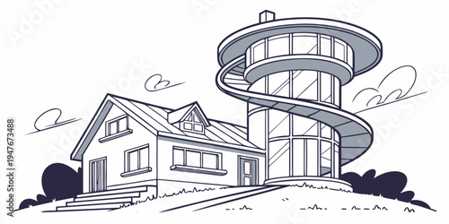 A house with a large spiral tower attached Vector