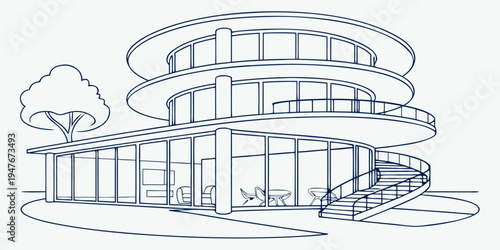 A blue drawing of a building with a tree Vector