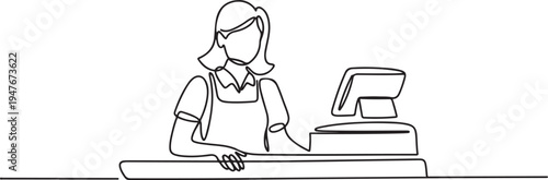 female cashier at supermarket. one line art icon drawing vector