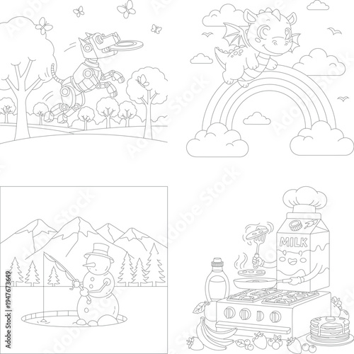 Adorable coloring book outline set: park dinosaurs, rainbow dragon, fishing snowman, and chef breakfast cook, fishing rod