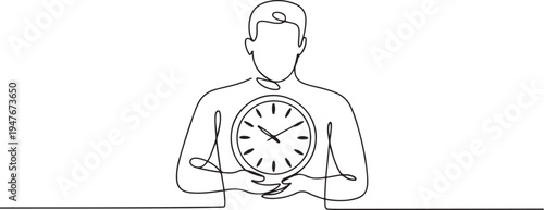 man holding clock in his hands. one line art icon drawing vector
