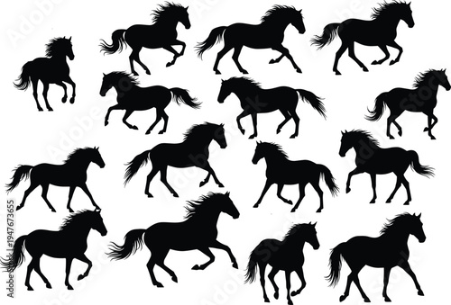 Galloping Horse Silhouette Collection, Running Stallion Vector Set, Wild Mustang Pack, Equestrian Sports Graphics, Majestic Equine Figures, Isolated Black Animal Illustrations