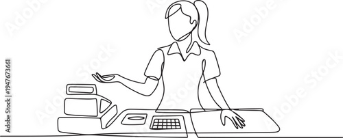 female cashier at supermarket. one line art icon drawing vector