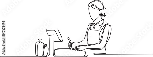 female cashier at supermarket. one line art icon drawing vector