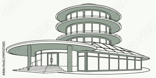A large building with a curved roof and a glass wall Vector