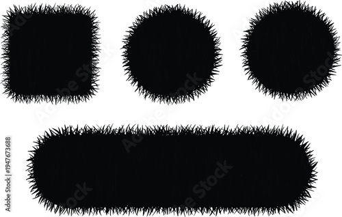 Black grass silhouette shapes and topiary borders set featuring vector illustrations of round circle square and long rectangle garden greenery hedges on white background.
