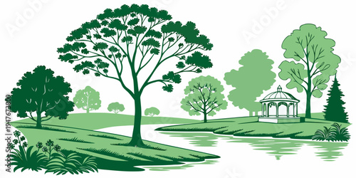 A serene landscape with trees and a body of water Vector