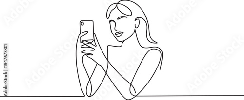Woman take a selfie with camera phone. one line art icon drawing vector