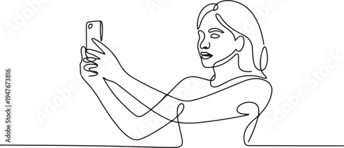 Woman take a selfie with camera phone. one line art icon drawing vector