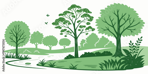 A group of trees and bushes on a grassy hill Vector