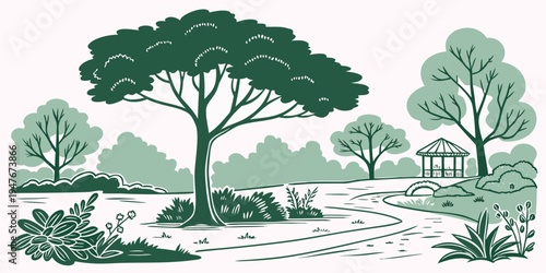 A green landscape with trees and bushes Vector