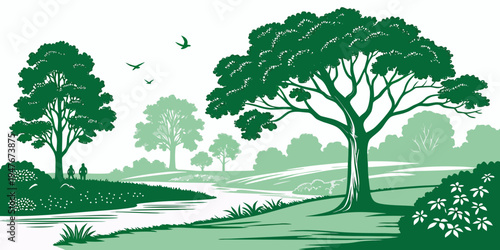 A green landscape with trees and a river Vector