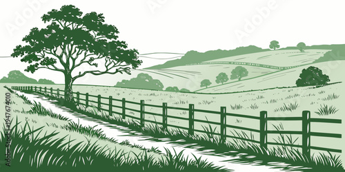A green illustration of a tree beside a wooden fence Vector