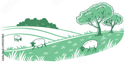 A green landscape with sheep grazing in a field Vector