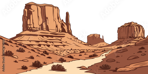 A desert landscape with a river and rock formations Vector