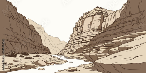 A desert canyon with a river running through it Vector