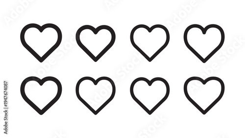Eight Outline Hearts Arranged in Two Rows on White Background