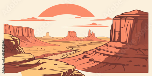 A desert landscape with rock formations and a sunset Vector