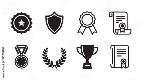 Achievement Award Icons: Trophy Medal Certificate Shield Laurel Wreath RosetteStock Icons