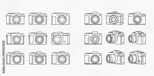 Set of outline camera icons, retro and modern photo cameras in linear style, vector illustration of photography equipment.
