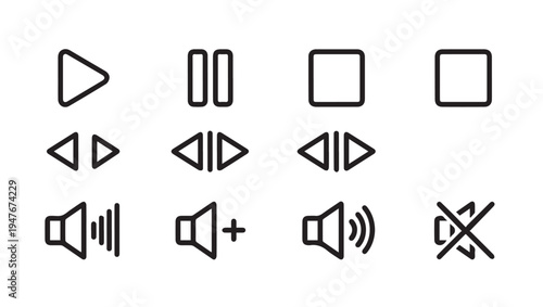 Audio and Media Playback Control IconsPlay Pause Stop Skip Volume MuteLine Art