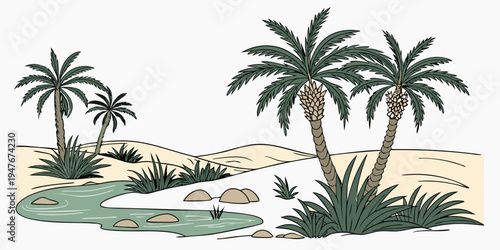 A serene tropical landscape with palm trees and a stream Vector