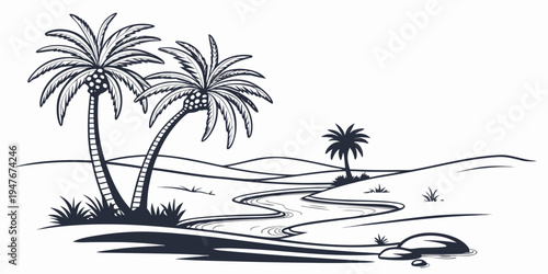 A black and white drawing of a beach with palm trees Vector
