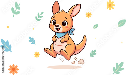 Cute baby kangaroo cartoon illustration jumping happily with floral and leaf elements. Adorable animal character design in soft pastel colors, perfect for kids design, nursery decoration