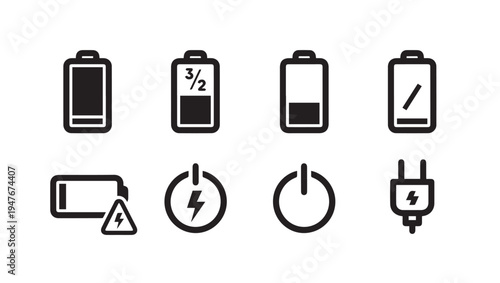 Battery Icons Set Power Button Charging Symbol Energy Level Indicators