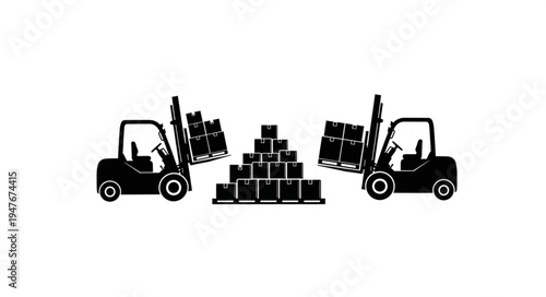 Two forklifts moving boxes in a warehouse setting.