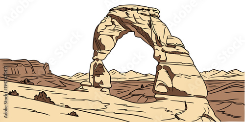 A large rock arch in the desert landscape Vector