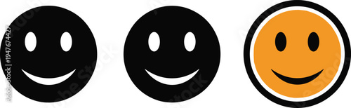 Happy smiley face icons set with black silhouettes and orange emoji circles, positive emotion symbols for feedback, satisfaction, and friendly user interface design.