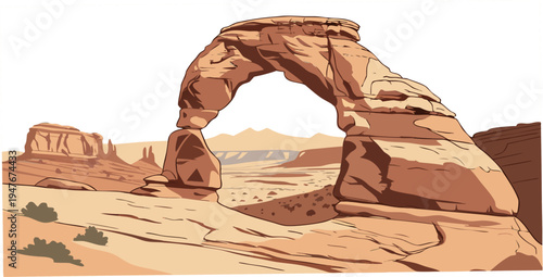 A large rock arch in a desert landscape Vector