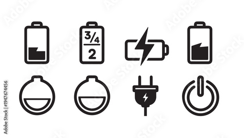 Battery Power Icons Set: Charge Level Electricity Plug Power Button InfoVector Graphics
