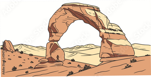 A large rock arch in a desert landscape Vector
