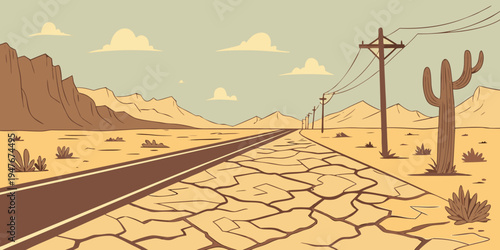 A desert road with a telephone pole and cactus Vector