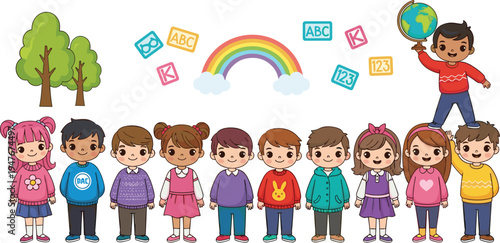 Happy multicultural children standing together with rainbow and education icons for back to school, preschool learning, childhood diversity, and elementary student backgrounds,