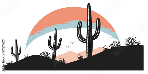 A desert landscape with cacti at sunset Vector