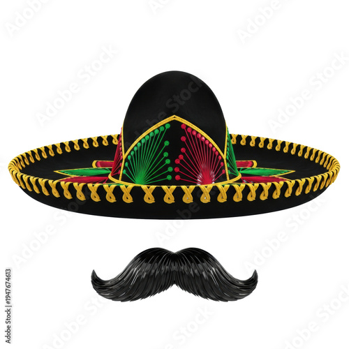 Hyper-detailed 3d render of a black felt mexican sombrero with intricate red, green, and gold embroidery, above a glossy handlebar mustache, isolated on a bright white background. Cultural icon