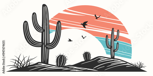 A desert landscape with cacti at sunset Vector