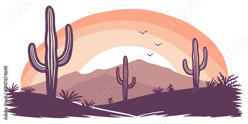 Desert landscape with cacti at sunset Vector