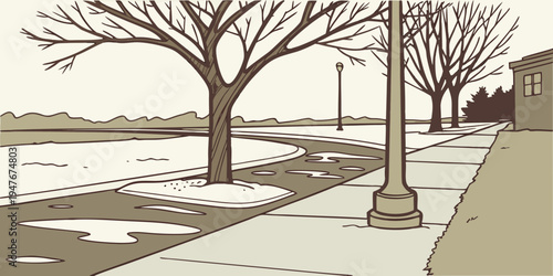A snowy sidewalk with trees and a street lamp Vector