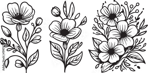 Floral vector illustration: black and white flower designs for crafts and graphics eps silhouette