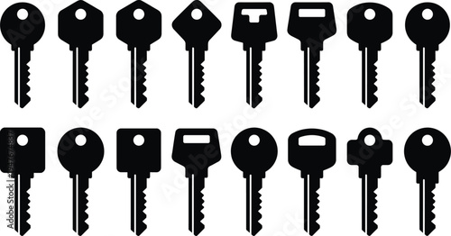  House and door key silhouettes collection isolated on white background, security access metal key set, locksmith hardware icon vector illustration