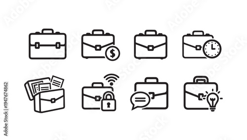 Business Briefcase Icons with Financial Security Time and Idea Concepts