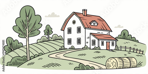 A white house with a red roof on a green hill Vector