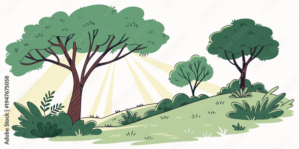 Fototapeta premium A serene landscape with trees and sun rays Vector