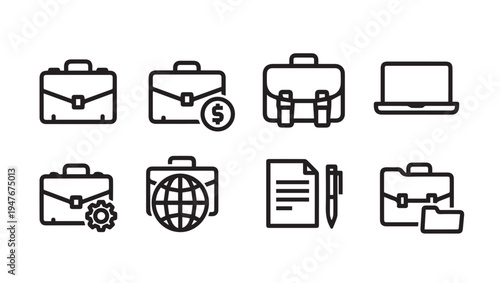 Business Icons Set: Briefcase Laptop Document Globe Gear MoneyLine Art