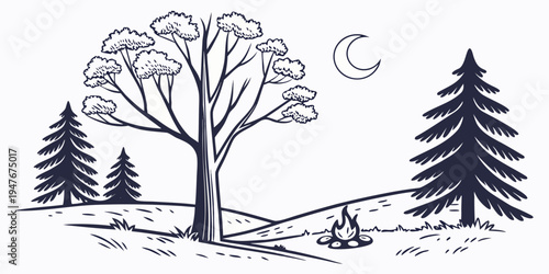 A campsite in a snowy forest under a crescent moon Vector